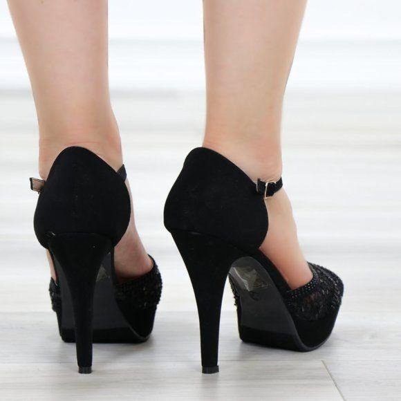 Velvet Platform T Strap Heeled Sandals Transparent Lace - Picture 7 of 9